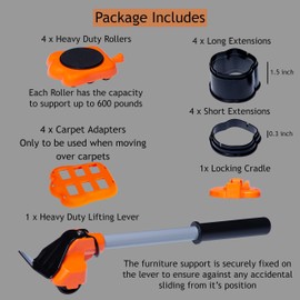 Heavy Duty Furniture Lifter 4 Appliance Roller Sliders with 660 lbs Load Capacity Wheels + Adjustable Height Lifting Tool Lever Suitable for Safe and Easy Moving of Couches Sofas Refrigerators + More