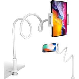 Gooseneck Phone Holder Tablet Stand for Bed,Works with Phones & Tablets up to 8” Phone Holder & Tablet Mount, Adjustable Flexible Arm Tablets Mount Clamp on Table More 4.7 to 10.5" Phones and Tablets