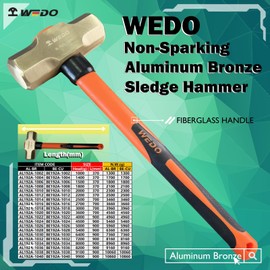 WEDO Non-Sparking Sledge Hammer with Fibreglass Handle, Spark-free Safety Demolition Hammer, Shock-resistant, Aluminum Bronze, DIN Standard, BAM & FM Certificate, Size 2.2lb, 14.5” Length
