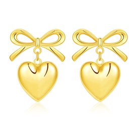 QLYOVWE Gold Heart Dangle Earrings for Women Double Heart Statement Dangle Earrings Ribbon Bow Dangle Earrings Sweet Love Earrings (Gold Bow Heart)