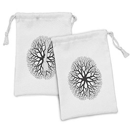 Lunarable Tree of Life Fabric Pouch Set of 2, Branching Central Core Splendor Lodging Field Extension Retro Art, Small Drawstring Bag for Toiletries Masks and Favors, 9" x 6", Black White