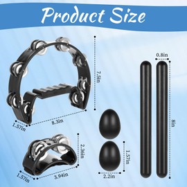 6 Pcs Tambourines for Adults, Hand Held Half Moon Tambourine Foot Tambourine with Bells Wood Rhythm Sticks Egg Shakers Musical Hand Percussion Instrument Set for Party Music Supplies (Black)