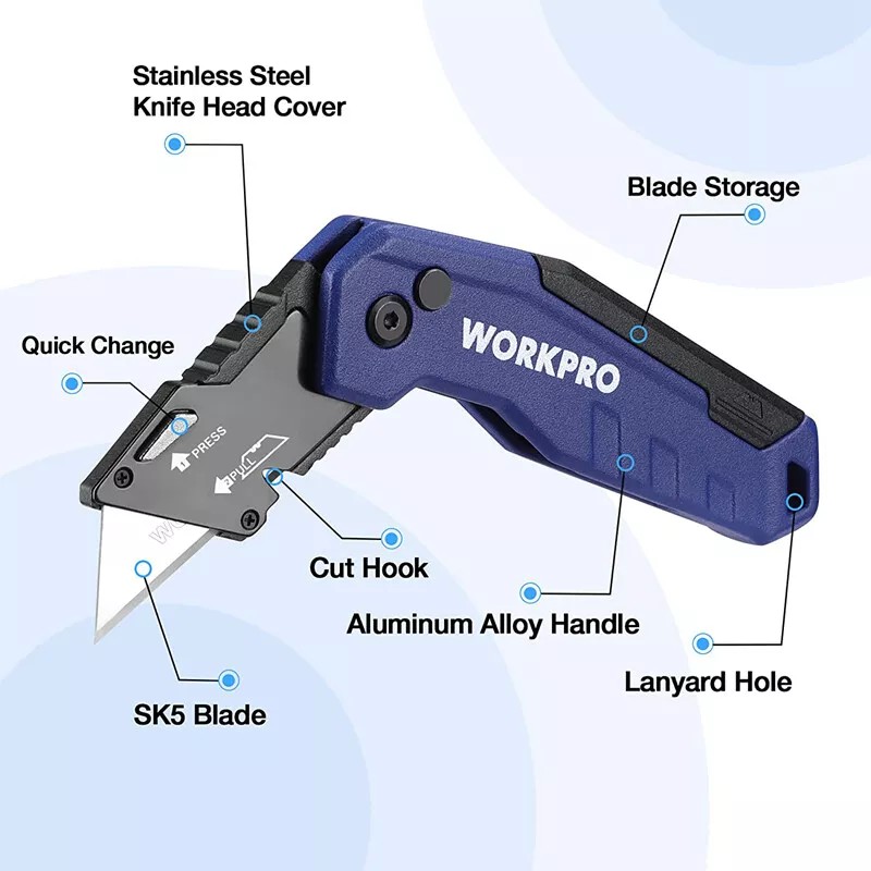 WORKPRO Folding Blue Utility Knife Quick Change Box Cutter 13