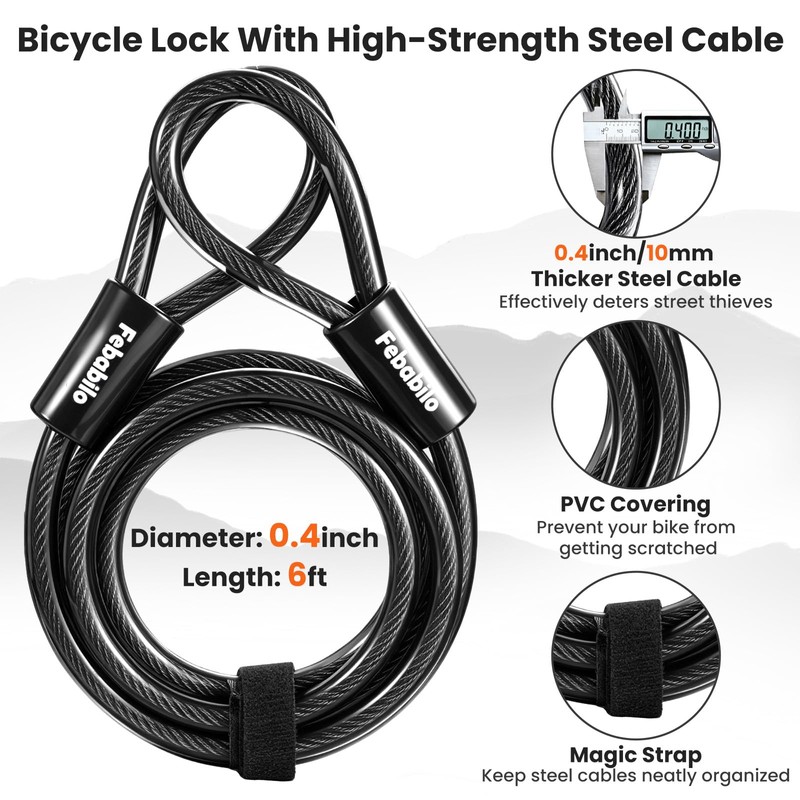 Febabilo Bike Locks Heavy Duty Anti Theft with 6ft Cable,18mm