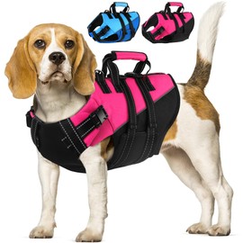 Dogcheer Dog Harness Life Jacket, Adjustable Dog Life Vest for Swimming Boating with Zipper and Reflective Stripes, High Flotation Puppy Swim Floating Vest for Small Medium Large Dogs - Pink, L