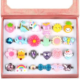 OSDUE Children's Rings Girls, 24 Pieces Adjustable Rings Children, No Duplication, Girls Rings Set, Rings Children's Birthday Children's Rings Girls for Baby Teenager Party Favour Play Jewellery