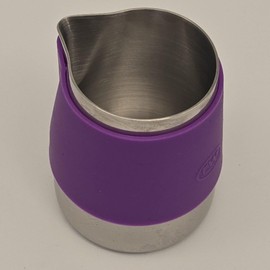 rattleware 12 oz Macchiato Pitcher, Handle Free, Stainless Steel, with Purple Rubber Shell, 27212