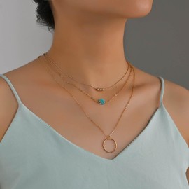 Cimenexe Bohemian Layered Turquoise Choker Necklace Gold Hollow Circle Pendant Necklace Small Turquoise Stone Chain Necklace Minimalist Circle Hoop Necklace Jewelry for Women