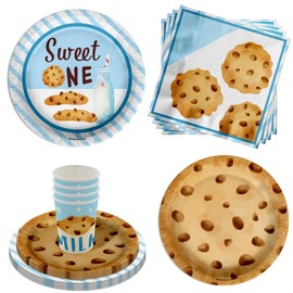Sweet One Milk and Cookies 1st Birthday Party Supplies - 64 Piece First Birthday Tableware Set Includes Large 9" Dinner Plates and 8" Dessert Paper Plates Napkins Cups - Kit for 16