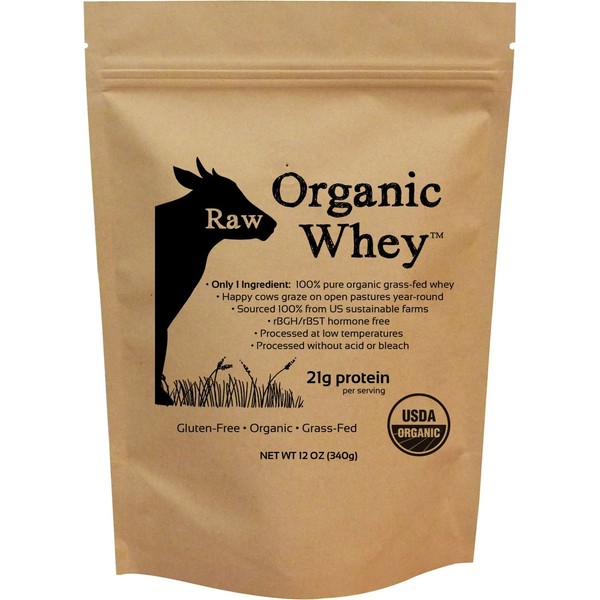 Raw Organic Whey - USDA Certified Organic Whey Protein Powder, Happy Healthy Cows, COLD PROCESSED Undenatured 100% Grass Fed + NON-GMO + rBGH Free + Gluten Free, Unflavored, Unsweetened (12 OZ)