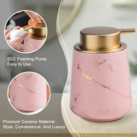 YYW Marble Foaming Soap Dispenser - 13.5oz Ceramic Hand Soap Pump for Kitchen, Bathroom - Cute Dishwashing Liquid Dispenser With Large Easy-to-Squeeze Head (Pink)