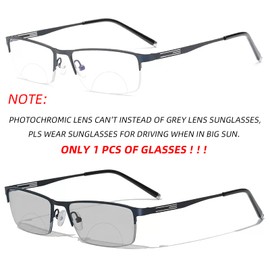 laureles Bifocal Reading Glasses Men Business Sun Photochromic Lens Metal Half Frame Fashion Transition Readers (Blue, 0.00/+2.00 Magnification)