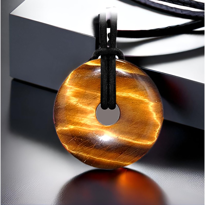 Kaltner Presents Necklace Tiger Eye Gemstone Donut Pendant with Leather