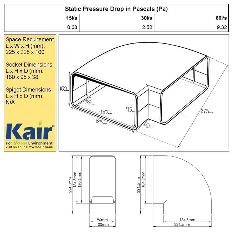 Rectangular Flat 90 Degree Horizontal DUCTING Elbow Bend by KAIR