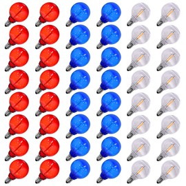50 Pack Red White Blue LED G40 Replacement Bulbs for Outdoor String Lights, 0.6W Energy Saving & Shatterproof RWB G40 Globe Light Bulbs for 4th of July Decorations Outdoor Patriotic Decor, E12 Base