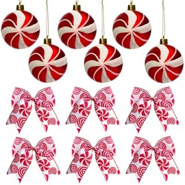 12Pcs Christmas Tree Ornament Set, 6Pcs Christmas Bows and 6Pcs Hanging Balls for Christmas Tree Decoration Wreath Making Supplies New Year Holiday Party Decor (Candy Style)