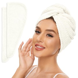 SimpleField 2 Pack Microfiber Hair Towel Wrap for Women, Anti Frizz Quick Drying Hair Turban for All Hair Style, Absorbent and Lightweight (Ivory)