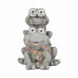 Sagebrook Home Garden Frog Statue - Solar-Powered Light-Up Eyes - Resin Polyresin Stone Finish - Outdoor Decorative Figurine for Home & Garden - 14" Gray, Green, Yellow
