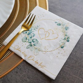 20 Small Cocktail Napkins Hearts Around Eucalyptus Gold White | Wedding | Marriage | Love | Schön dass Du da bist | Craft | Decoupage | Napkin Technique | Table Decoration 25 x 25 cm