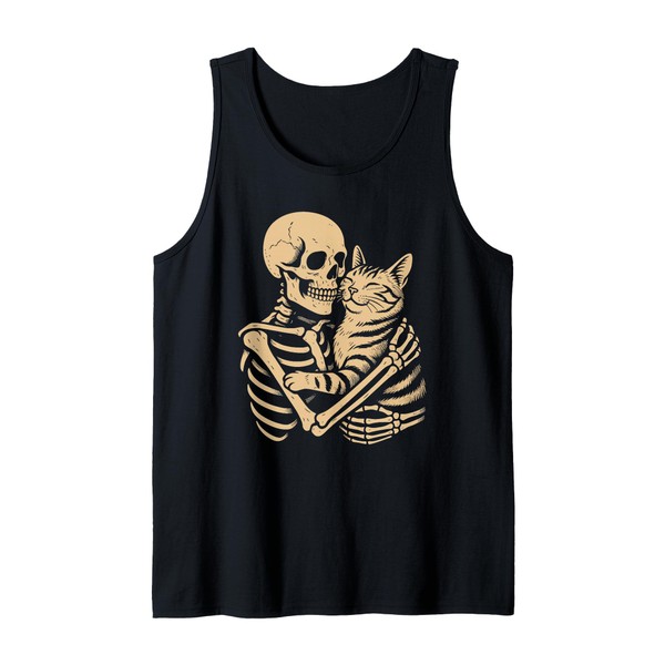 Skeleton Hugging Cat Lovers Halloween Tank Top