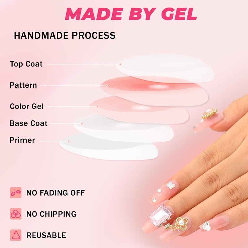 Sethexy Long Coffin Pink False Nails Handmade Rhinestones Glitter Luxury