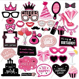 36pcs Birthday Photo Booth Props Birthday Party Favors Supplies Funny Selfie Props with Real Glitter Designs for Party Decor (Pink)
