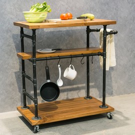 Industrial Portable Kitchen Island on Wheels,Bar Carts for the Home Wine Bar Beverage Coffee Cart,Metal Rolling kitchen carts and islands,Wood and Pipe 3-Tier Butcher Block Island Food Serving Cart