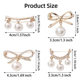 Women's Brooch 4 Pieces Pearl Brooch Pins Rhinestone Chest Pin Alloy Brooch Pins Jumper Safety Pins Chest Pin Collar Scarf Hat Clip Brooches for Cardigans Dresses (Gold), Metal