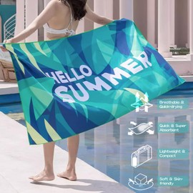 ILLUVA Microfiber Beach Towel, Compact Beach Towel Quick Dry, Green Sand Free Travel Beach Towels with Buckle to Used as Poncho & Hanging Strap for Easy Carry, 150cm x 70cm