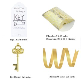 Makhry 50 Pieces Small Vintage Key Bottle Opener Wedding Key Skeleton Key Bottle Opener Wedding Favours Set with Pillow Boxes, Ribbon and Label (Antique Gold)