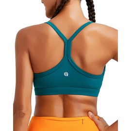 RUNNING GIRL Sports Bra for Women Ruched V Neck - Y Back Spaghetti Thin Strap Wireless Padded Medium Support Yoga Crop Top, Dark Green, Medium