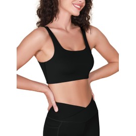 ODODOS Square Neck Sports Bra for Women Wirefree Non Padded Yoga Tank Workout Crop Tops, Black, X-Large