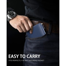 Huztencor RFID Men Leather Zipper Wallet Zip Around Wallet Bifold Multi Card Holder Purse with ID Card Window Front Pocket Wallet Carbon Fiber Blue