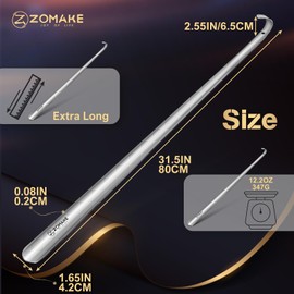 ZOMAKE Long Shoe Horn for Seniors Extra 31.5 Inch Metal Shoe Horns Long Handle for Elderly,Stainless Steel Largo Calzador De Zapatos,Shoe Helper for Men(Silvery)