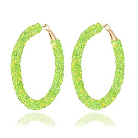 Sequins Hoop Earrings Bohemian Glitter Wrapped Gold Plated Dangle Drop Earring Circle Statement Earrings Boho Jewelry (grass green)