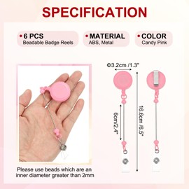 PATIKIL Beadable Badge Reels, 6 Pcs Beaded Retractable Clips Holder Badge Reel Bulk Keychain Blank Bar with Belt Clip for ID Name Badge DIY, Office Worker, Candy Pink