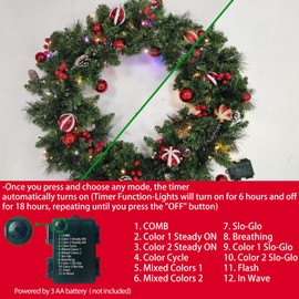 Remote Control& 8 Mode- 24 Inch Christmas Wreath, Detachable Christmas Wreath with 50 Light Warm White & Colorful Lights Snowy Pine Branch Pinecone Berry Cluster Xmas Ball for Door Window Mantle Decor
