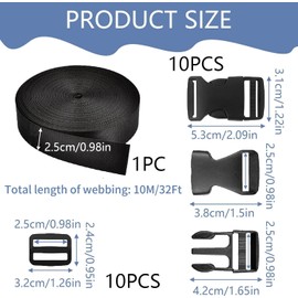 10M Webbing Strap, Polypropylene Heavy Webbing Backpack Chest Strap 25MM Wide with 10 Adjustable Flat Side Release Buckle 10 Tri-Glide Slide Luggage Belt for DIY Bag Backpack Cargo Strapping (SetA)