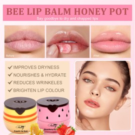 3 Pcs Bee Balm,Honey Strawberry Watermelon Bee Lip Balm Honey Pot,Moisturizing Lip Mask Overnight,Hydrate Repair Prevent Dry Cracked Lip Care (Honey+Strawberry+Watermelon+Apple Lime)