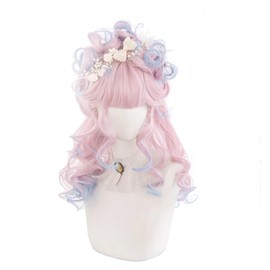 Sizuuenn Women's Lolita, Women's Full Wig, Long Hair, Curly Pink, Cherry Blossom Flower, Cherry Blossom Pink Gradient Blue, Cute, Heat Resistant Wig, High Temperature Hair Yarn, Cosplay Wig, Dedicated