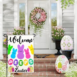Yesuavt Welcome Easter Peeps Garden Flag Small Spring Easter Eggs Garden Flags for Outside 12x18 Double Sided Outdoor House Yard Sign Holiday Decorations