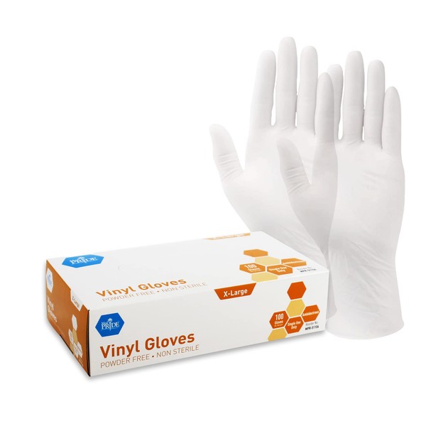 Med PRIDE Vinyl Gloves| X-Large Box of 100| 4.3 mil Thick, Powder-Free, Non-Sterile, Heavy Duty Disposable Gloves| Professional Grade for Healthcare, Medical, Food Handling, and More