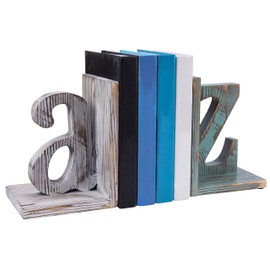 MyGift Vintage Wood Decorative Bookends Decorative White and Blue Alphabet A and Z Design, Home Office Desk Decor