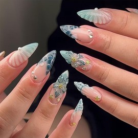 24 Pcs Light Green French Tip Press on Nails Medium Almond Nude Fake Nails False Nails with 3D Flower Design Full Cover Reusable Acrylic Nails Press ons Almond Nail for Women