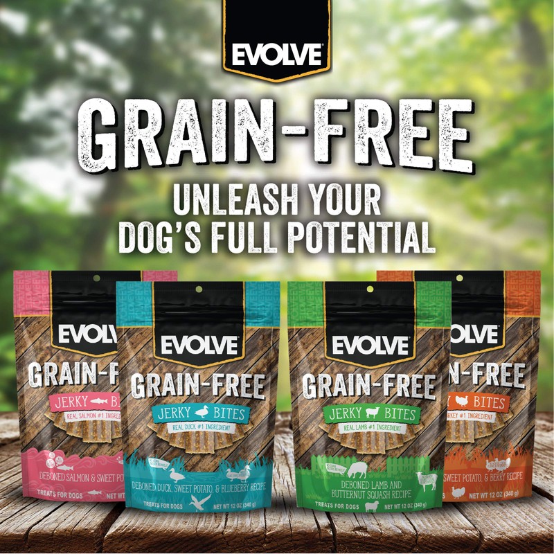 Evolve Grain Free Duck, Pea and Blueberry Jerky Bites Dog