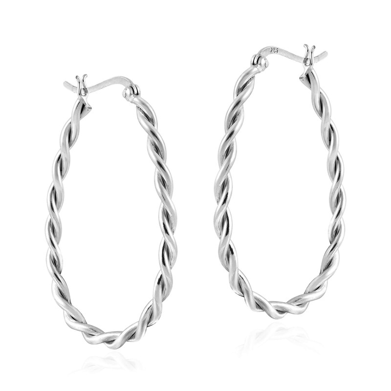 Dynamic Twisted Oval Hoops .925 Sterling Silver V-Lock Hoop Earrings
