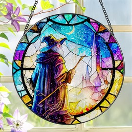 Stained Glass Window Hanging, LAOWEIKI 8'' Witch Suncatcher, Stained Glass Ornament, Suncatchers for Windows Hanging, Window Decor, Outdoor or Indoor, Gifts for Friends