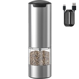 Rulsinbol Electric Pepper Grinder, Rechargeable Automatic Pepper Mill Grinder with Led Light, One Hand Operation, Adjustable Coarseness, Stainless Steel, Refillable 70ml, Silver(1 Pack)