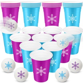 VioraWhite 22 Pcs Christmas Snowflakes Party Game Set Plastic Winter Cups with 8 Snowflake Balls Beer Game Set 16oz Disposable Snowflakes Cups and Balls for Party Games Favors Birthday Supplies