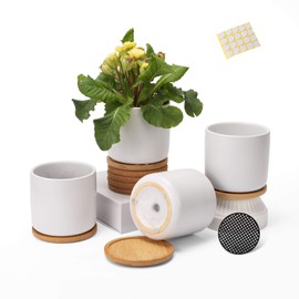 TAMAYKIM 4 Inch White Ceramic Plant Pots with Drainage Holes, Adorable Flower Planter Pot with Bamboo Tray for Indoor Plants, Succulent, Snake Plants, Cactus & Herbs, Set of 4 (Plant Not Included)